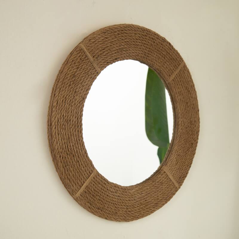 Breeza Hemp Hand-Woven Bamboo Circle Mirror - Earth Yellow, Bathroom, Bedroom - Silver