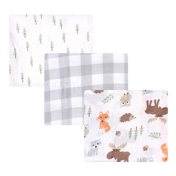 slide 1 of 1, Hudson Baby Infant Boy Cotton Muslin Swaddle Blankets, Woodland, One Size - Woodland - 3-Pack 3-Pack - Woodland