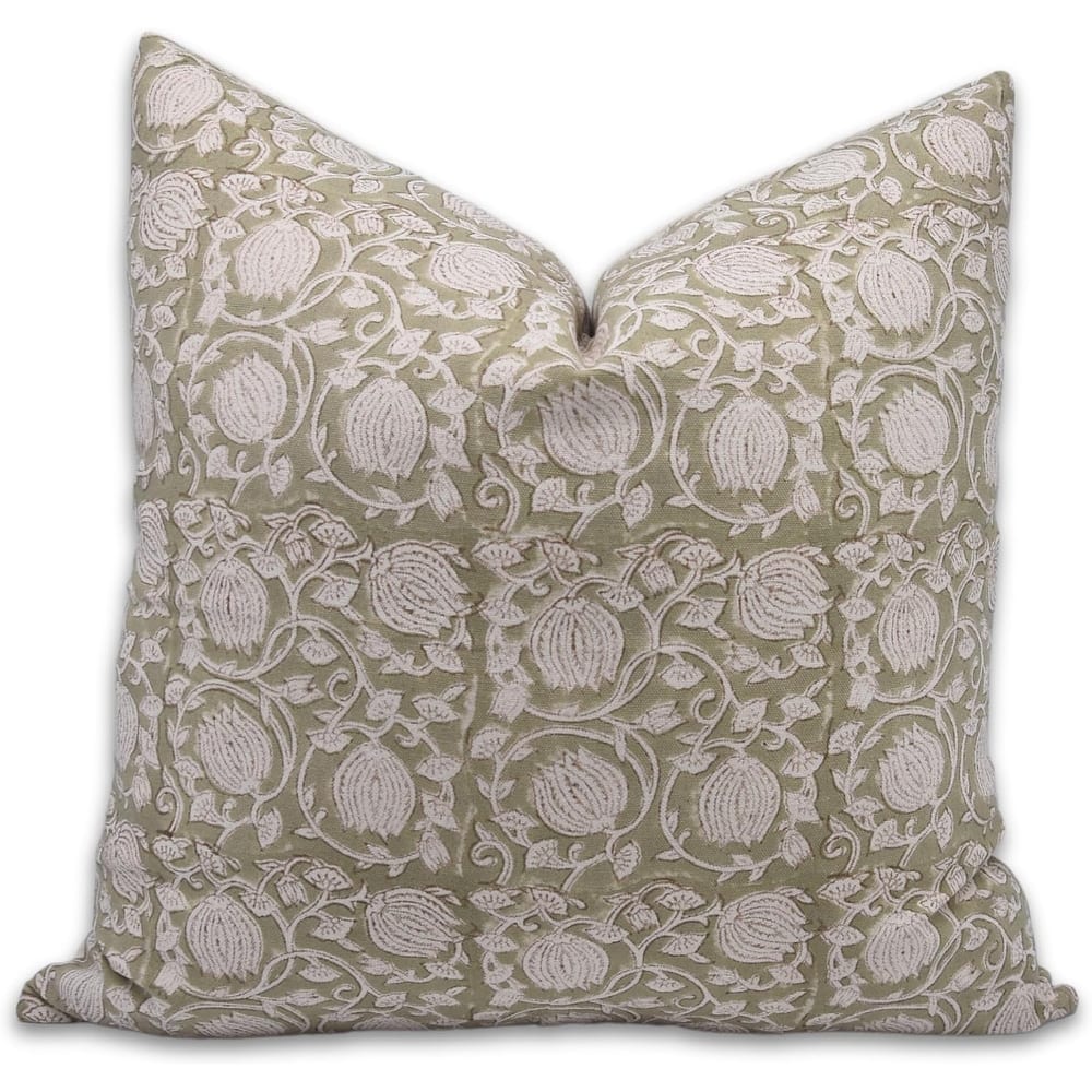 Fabdivine Green Cotton Handmade Block Floral Zipper Pillow Cover