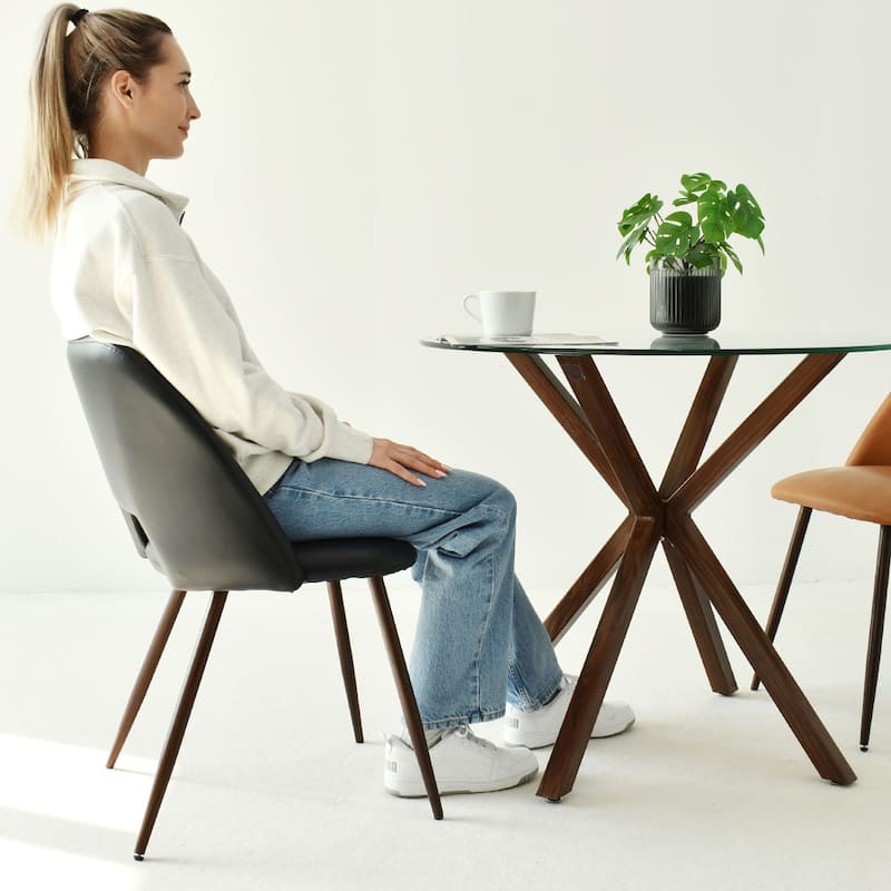 Faux Leather Modern Cutout Back Dining Chair with Walnut Leg（Set of 4) - Black