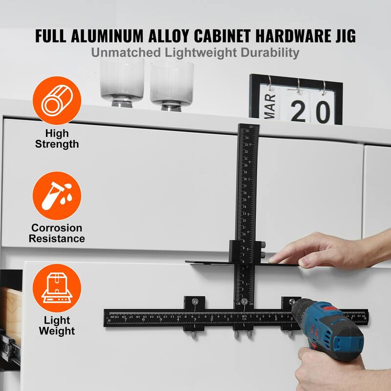 Cabinet Hardware Jig for Installation of Door Drawer Front Knobs Handles and Pulls - Aluminum