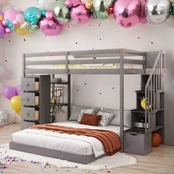 slide 2 of 9, Multifunctional Twin Over Full Bunk Bed With 3-layer Shelves,Drawers And Storage Stairs,Solid Construction For Bedroom Grey