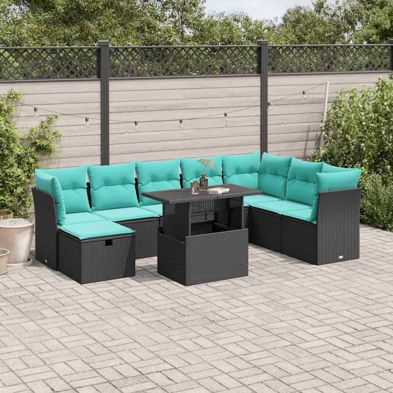 vidaXL Patio Sofa Set with Cushions and Table Outdoor Garden 9 Piece Poly Rattan - 24.4" x 24.4" x 27.2" - Black without storage