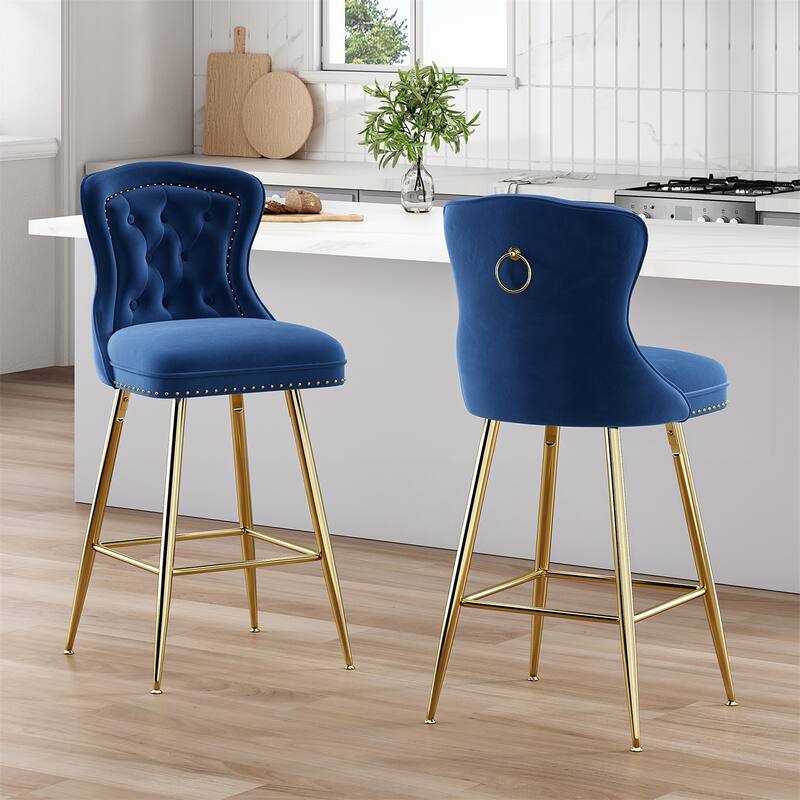 Velvet Bar Stools with Metal Legs, Button Tufted and Nailheads Trim (Set of 2) - Blue