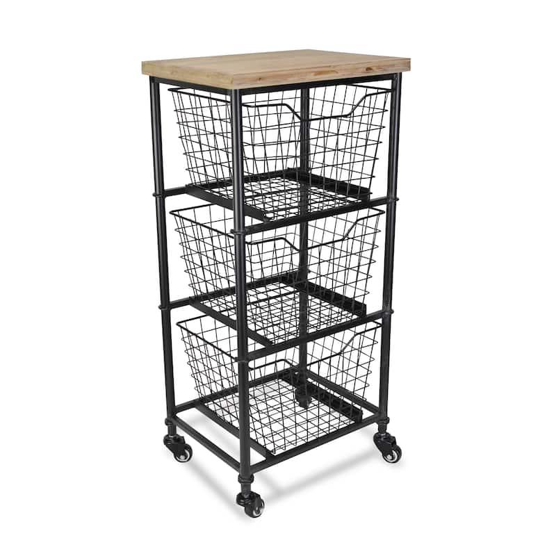 HomeRoots 32" Black And Natural Metal And Wood Basket Storage Rolling Cabinet