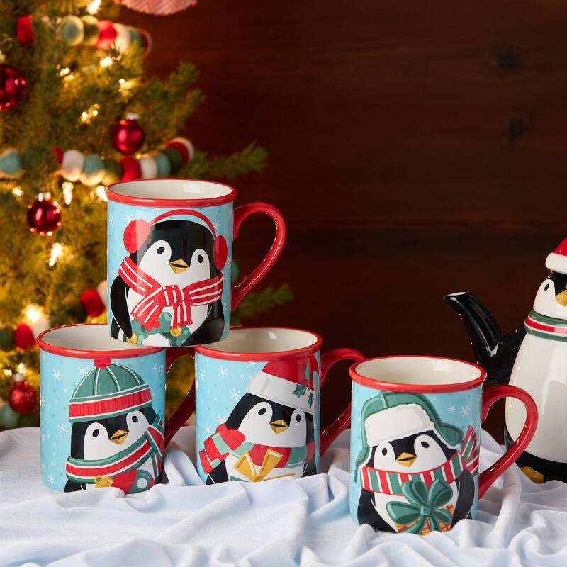 Certified International Christmas Whimsy Penguin Set of 4 Mugs 18 oz. Assorted Designs