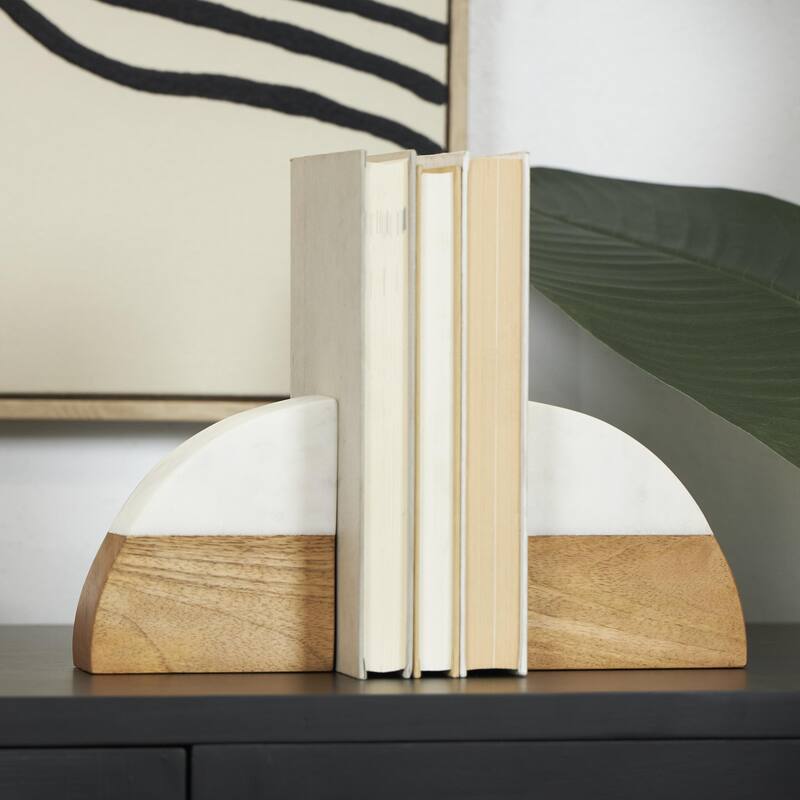 Mango Wood Geometric Arched 5 lbs Decorative Bookends with White Marble Tops - Set of 2 Brown - Roche River Decor