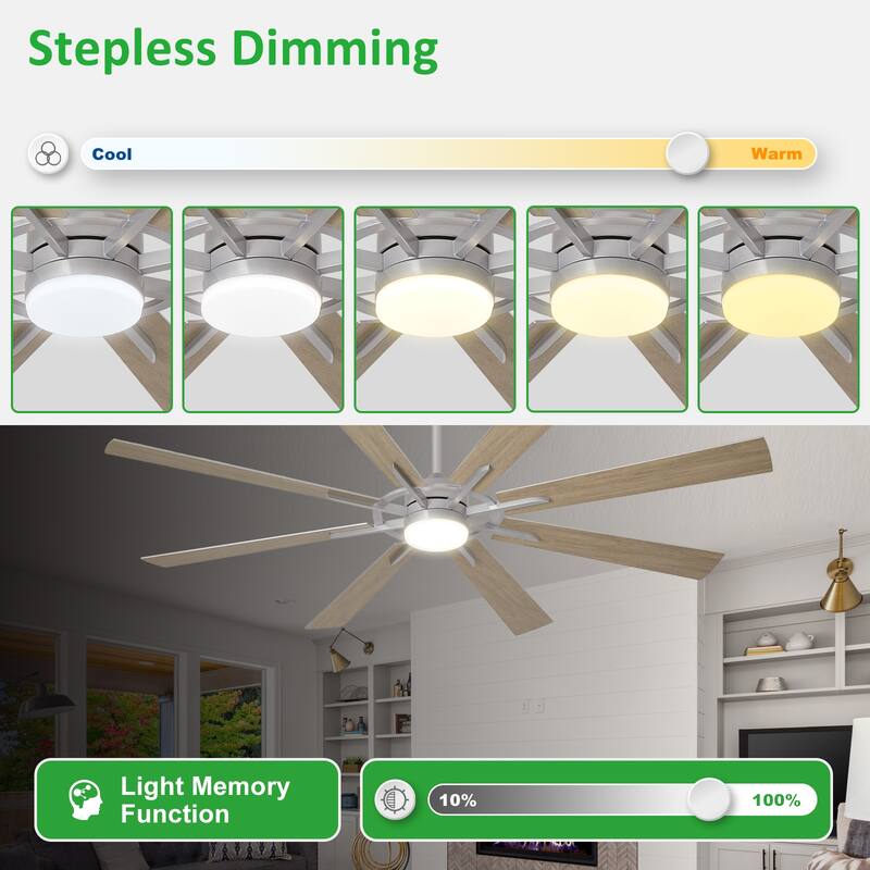 Modern 72 Inch 8 Blade Outdoor large Ceiling Fans with Lights: Dimmable Indoor Reversible 6 Speed Quiet DC Motor