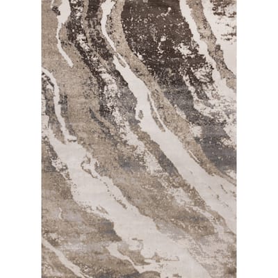 Grey Cream Beige Abstract Marble Pattern Area Rug, 5'3" x 7'7"