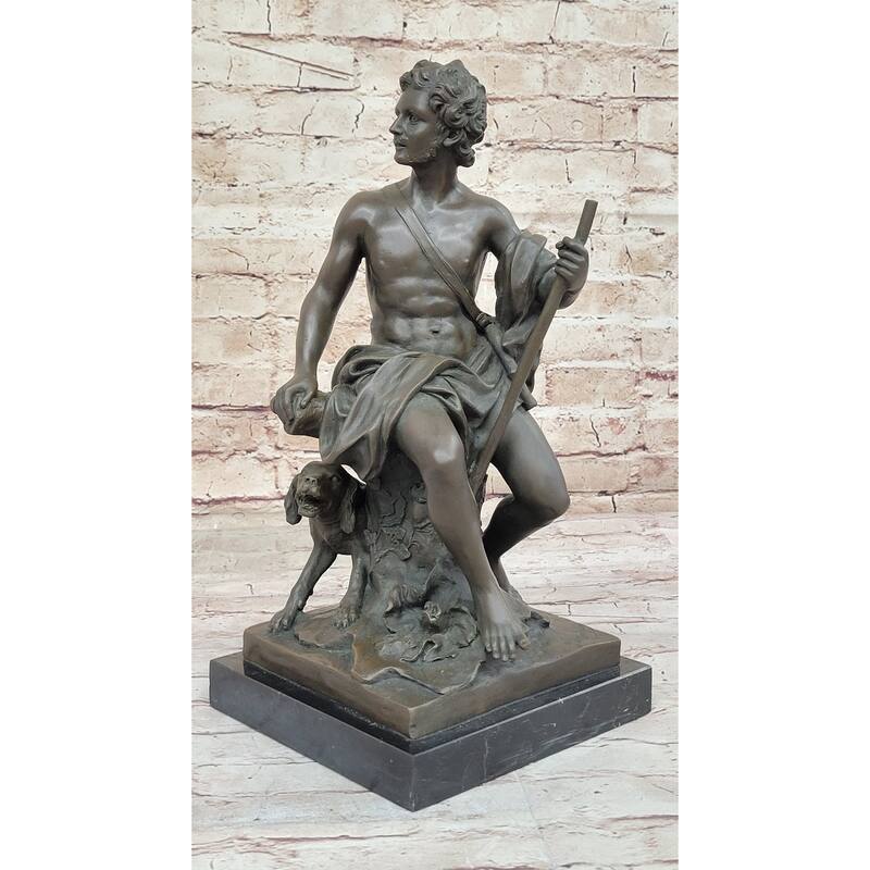 Muscular Male Shepherd With His Imitative Dog - Bronze Sculpture By Barbedienne On Marble Base