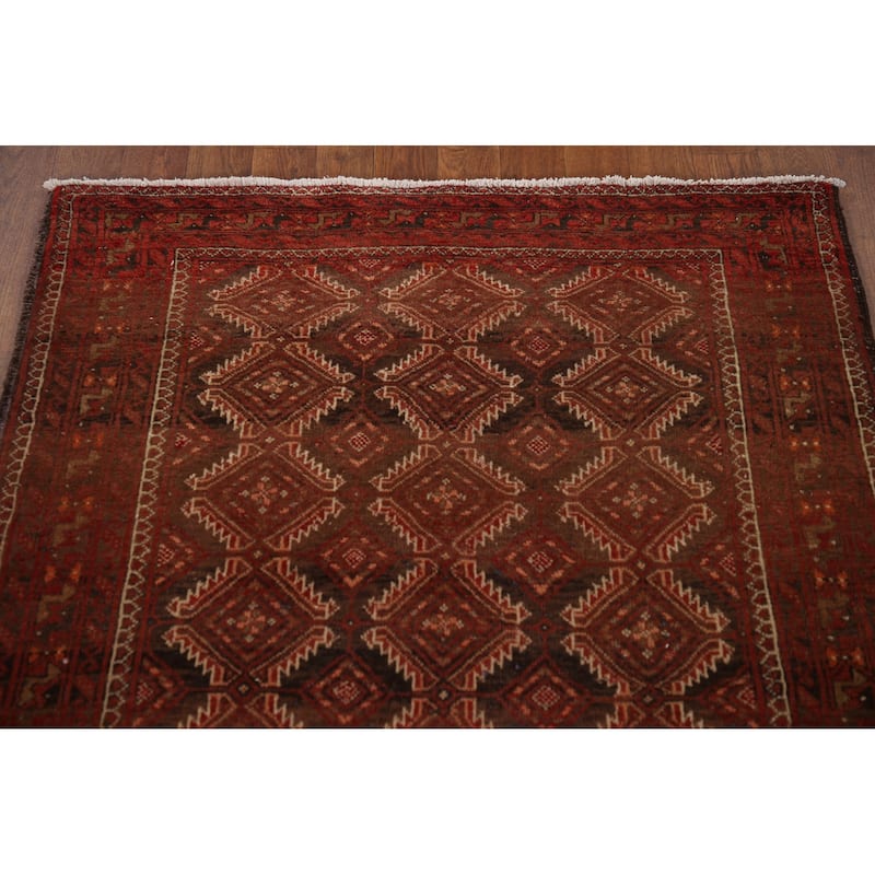 Geometric Balouch Persian Vintage Runner Rug Handmade Wool Carpet - 3'3"x 9'5"