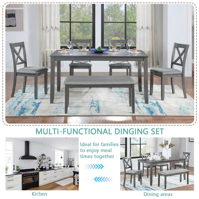 6 Pieces Dining Table Set, 6 Person Kitchen Table Chairs Set with Rectangular Table, 4 Upholstered Chairs and 1 Bench