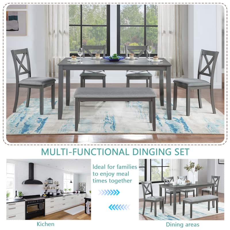 GDFStudio - Brookline 6-Piece Transitional Rectangular Wooden Dining Table Set with 4 Upholstered Chairs & 1 Bench
