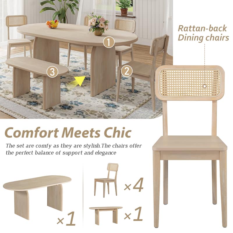 Dining Table Set for 6，Oval Kitchen Table and Rattan-Back Chairs