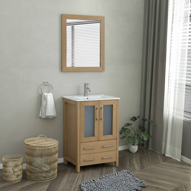 Vanity Art 24-Inch Single Sink Bathroom Vanity Set 2 Drawers, 1 Cabinet, 1 Shelf, Soft-Closing Doors with Free Mirror