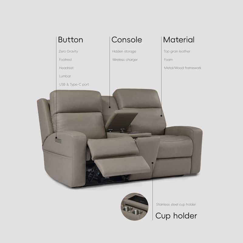 75''W Genuine Leather Triple-Power Loveseat with Wireless Charging & Pop-Out Cupholders