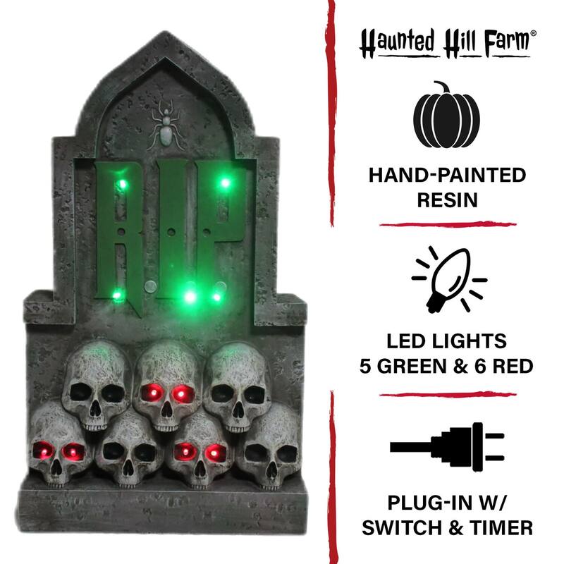 Haunted Hill Farm 2-Ft. RIP Tombstone with Skulls Prelit LED Resin Figurine, Plug-in