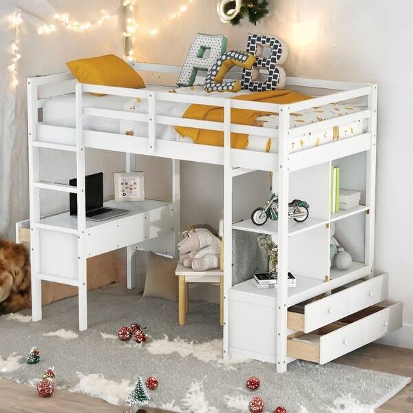 slide 2 of 30, Full Size Multifunctional Loft Bed with Two Drawers, and Storage Shelves and Drawers White