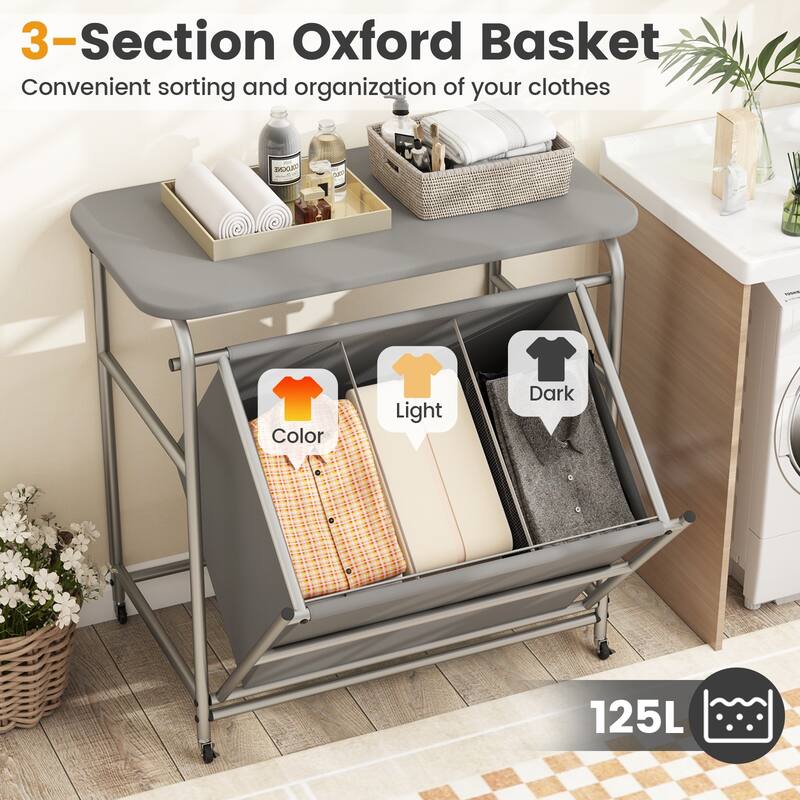 Grey 3 Section Rolling Laundry Hamper with Metal Frame and Ironing Board Lockable Wheels - 34" x 18.5" x 33"