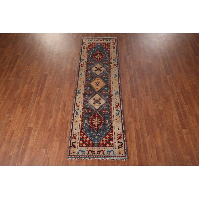 Blue Geometric Kazak Indian Foyer Rug Handmade Wool Carpet - 2'6"x 6'0"