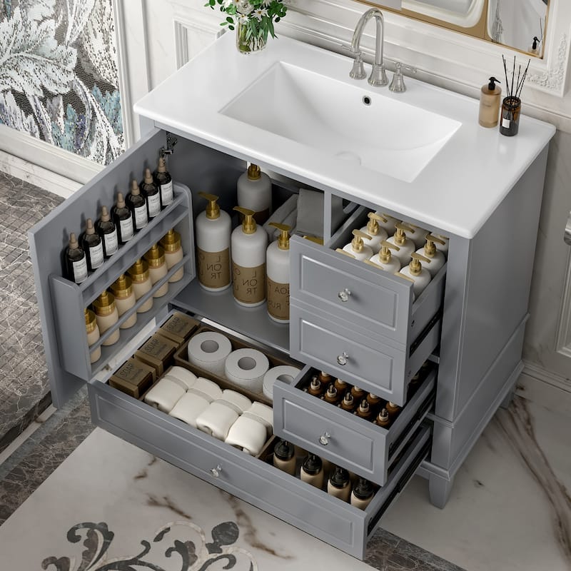 36" Bathroom Vanity with Ceramic Sink - MDF & Solid Wood Base, 3 Drawers & Storage Cabinet, Freestanding Design, 4" Faucet Holes - Grey