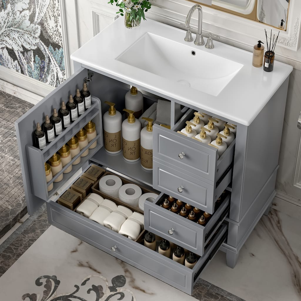 36 inch Bathroom Vanity Ceramic Sink MDF Solid Wood Base 3 Drawers Cabinet Gray 4 Inch Faucet Holes