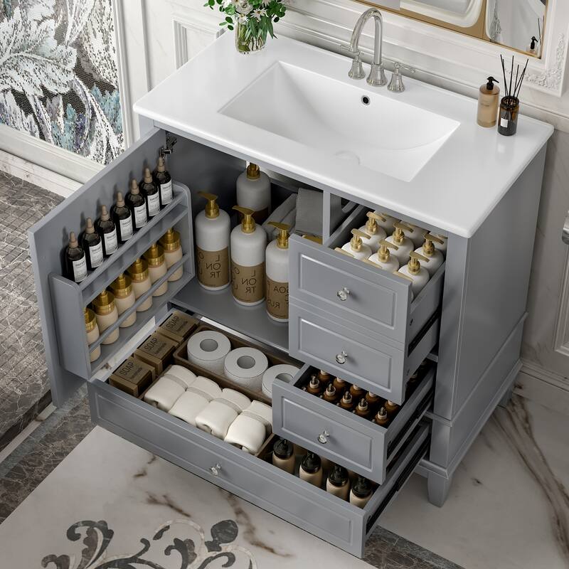 GDFStudio - Isabella 36-Inch Freestanding Bathroom Vanity with Ceramic Sink and Ample Storage Solutions - 36" - Gray