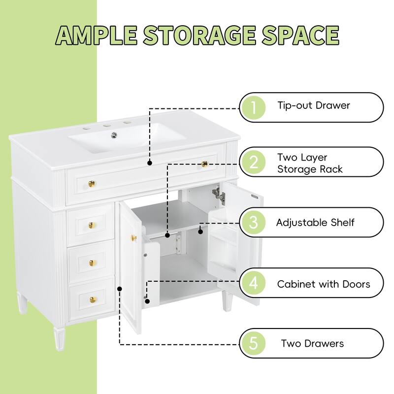 36" Bathroom Vanity with Sink, Solid Wood Cabinet with Flip-Out Drawer, 3 Soft-Close Drawers & 2 Doors, Gold Handles