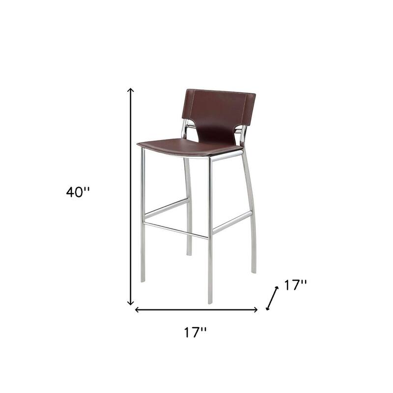 HomeRoots Set of Two 29" Brown and Silver Metal and Faux Leather Low Back Bar Height Bar Chairs