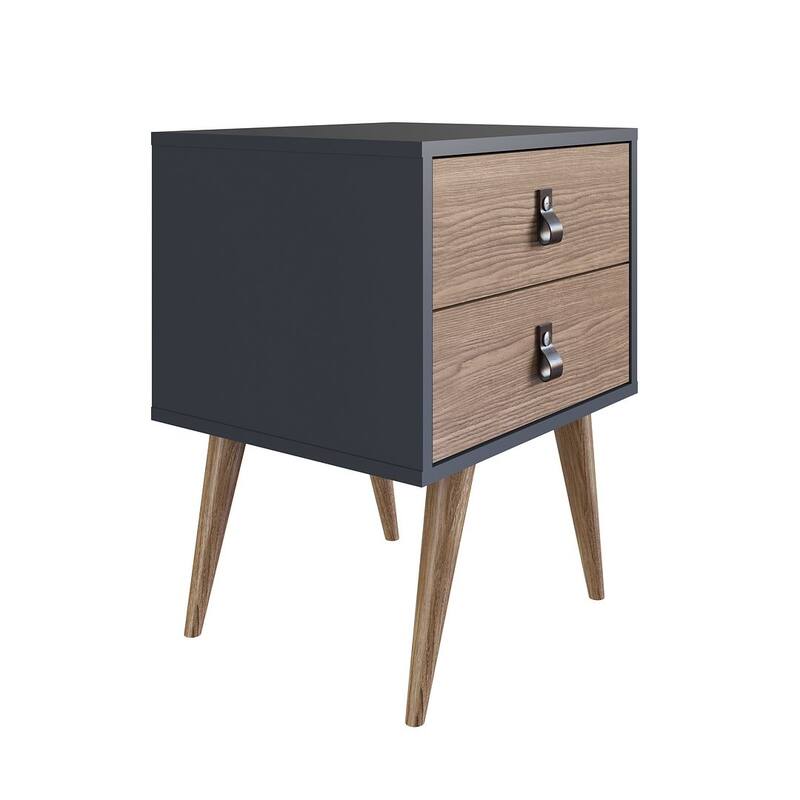 Manhattan Comfort Amber Nightstand with Faux Leather Button Handles in Blue and Nature (Set of 2)