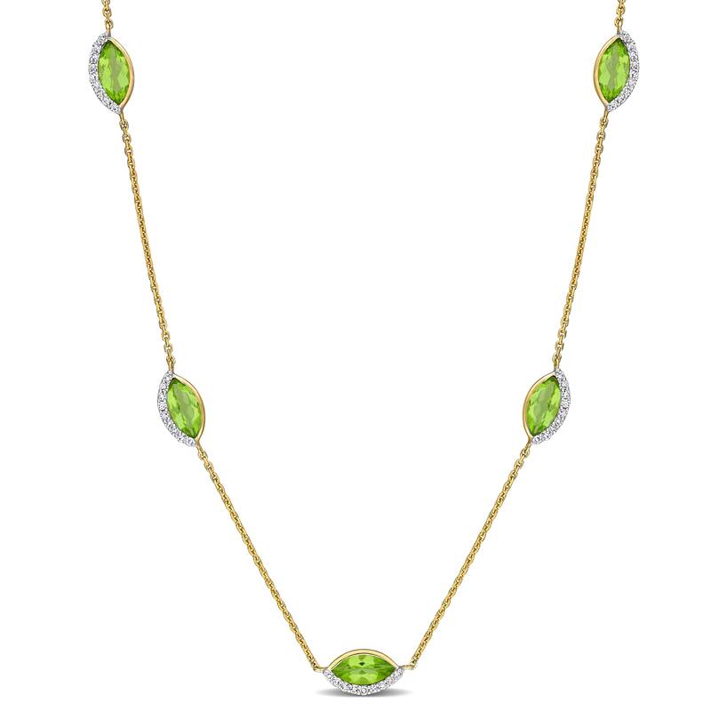 Miadora 2 4/5ct TGW Peridot and 1/4ct TW Diamond Station Necklace in 14k Yellow Gold