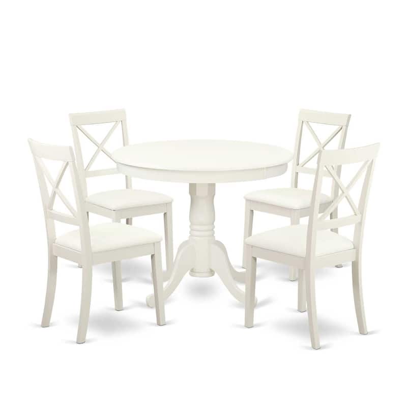 HomeStock 5-Pc Linen White Finish Solid Wood Top Dining table with 4 Faux Leather Seat Dining Chairs, Seats 4