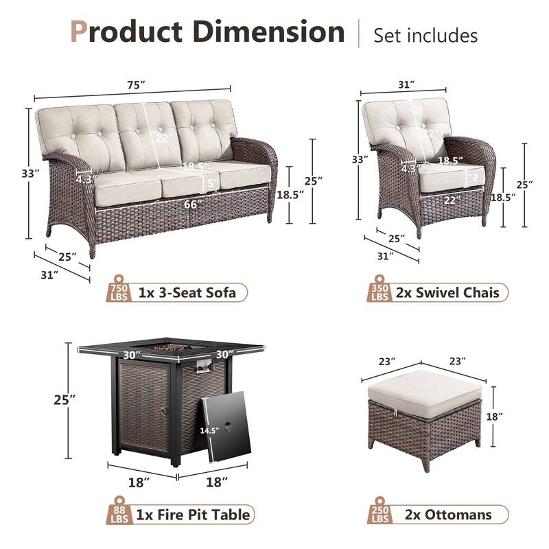 Pocassy Outdoor 30 In Fire Table with Sofa Patio Swivel Chair Set
