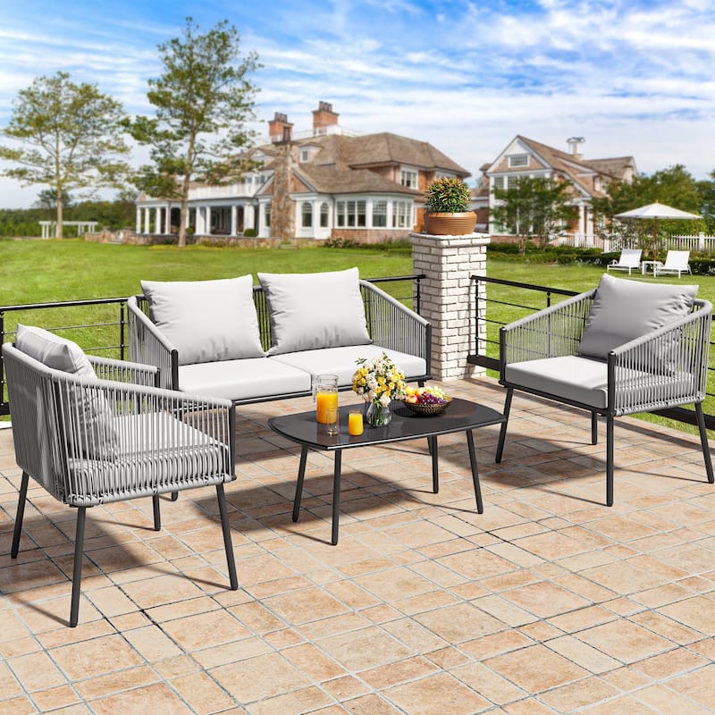 5-Piece Patio Wicker Sofa with Cushions - 47.2"L x 26.6"W x 14.8"H