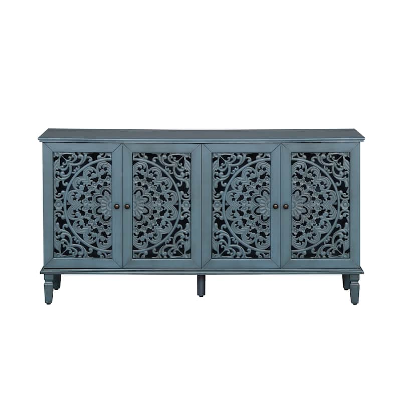 60" Antique Buffet Cabinet with Floral Carvings with Solid Wood Legs&Antique Brass Handles&Adjustable Shelves,TV Stand for 65'