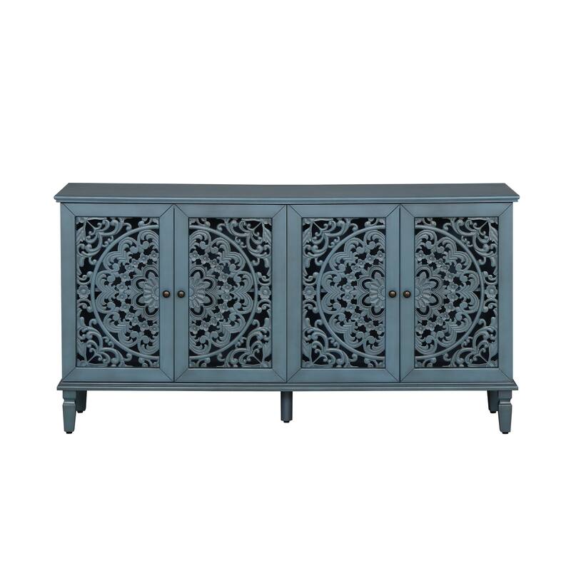 60" Antique Buffet Cabinet with Floral Carvings with Solid Wood Legs