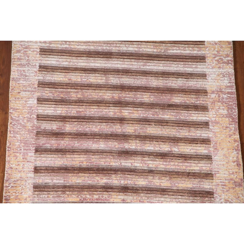 Striped Abstract Modern Accent Rug Hand-Knotted Brown Wool Carpet - 4'1"x 5'7"