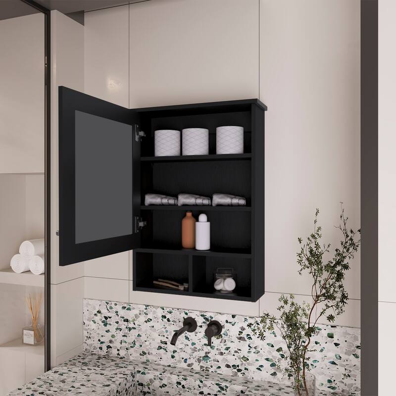 Medicine Cabinet with Mirrored Door, 3 Hidden Shelves, 2 Open Shelves for Bathroom Storage, Space-Saving Design