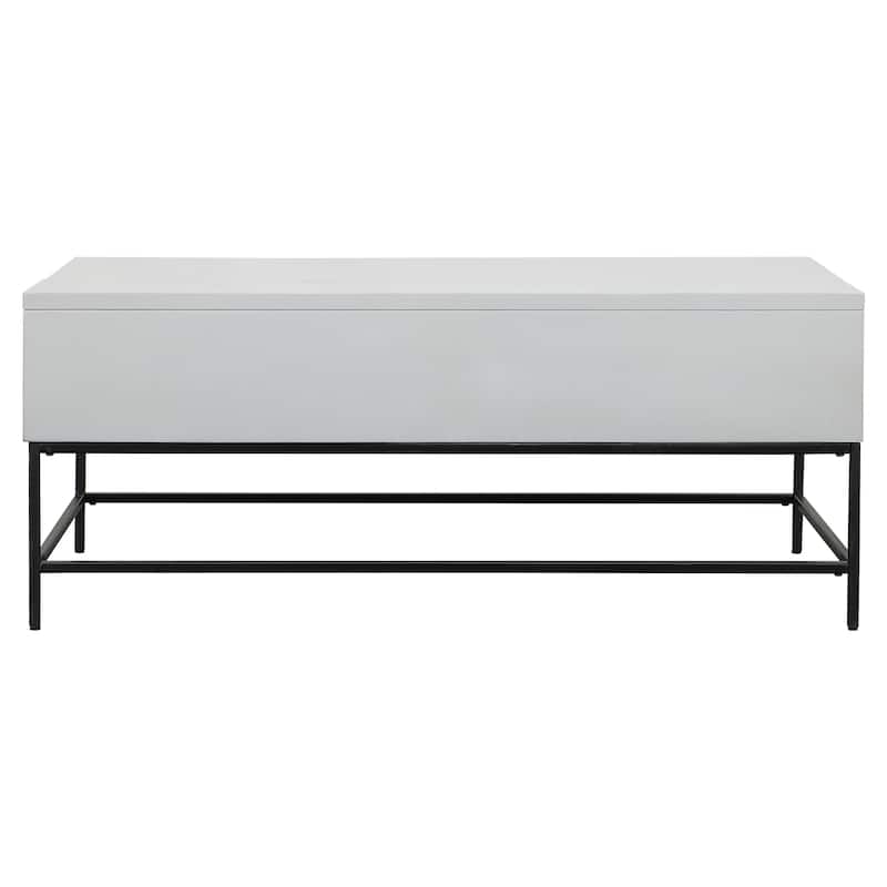 45 Inch Rectangular Mango Wood Coffee Table, Lift Top Storage, Iron Frame, White, Black Bed