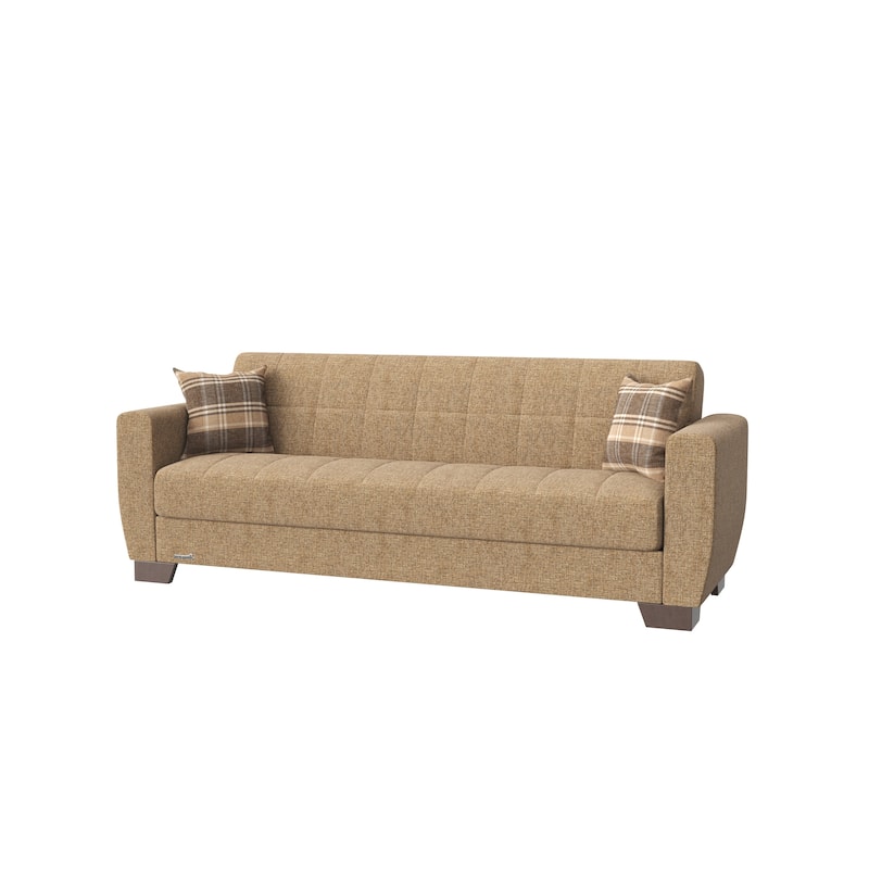HomeRoots 84" Brown Chenille Convertible Futon Sleeper Sofa With Toss Pillows And Storage