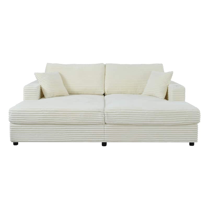 86.5" Corduroy Chaise Lounge Sofa Bed with USB Ports, Cup Holders and 8" Thick Cushions