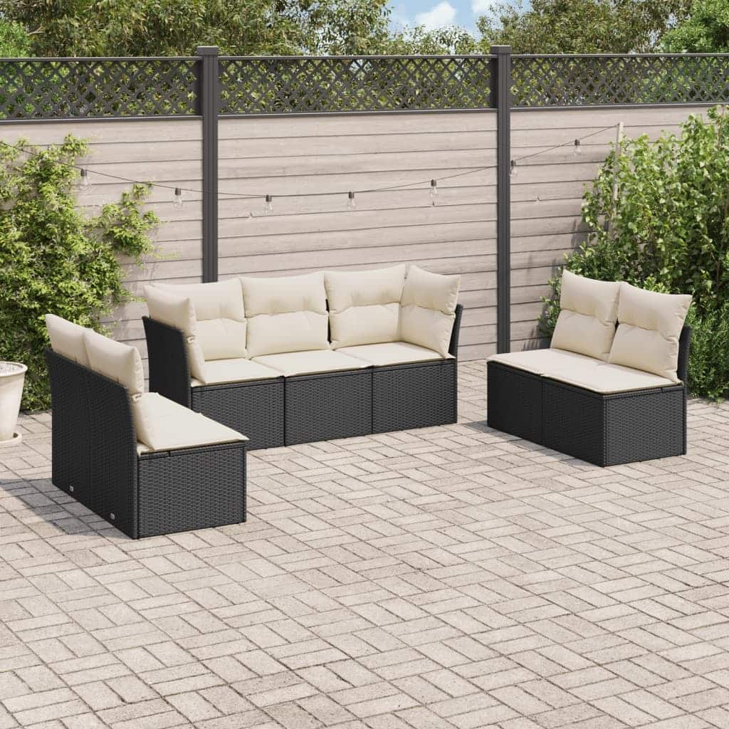 vidaXL 7 Piece Patio Sofa Set with Cushions Black Poly Rattan - 21.7" x 24.4" x 27.2"