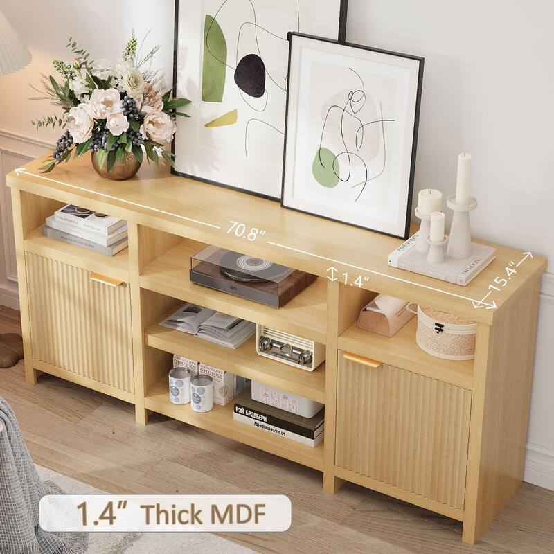 Gyomojoy 71" LED Farmhouse TV Stand for 75-85 Inch TV, Modern Boho Media Console with RGB Lights, 2 Doors & Adjustable Shelves.