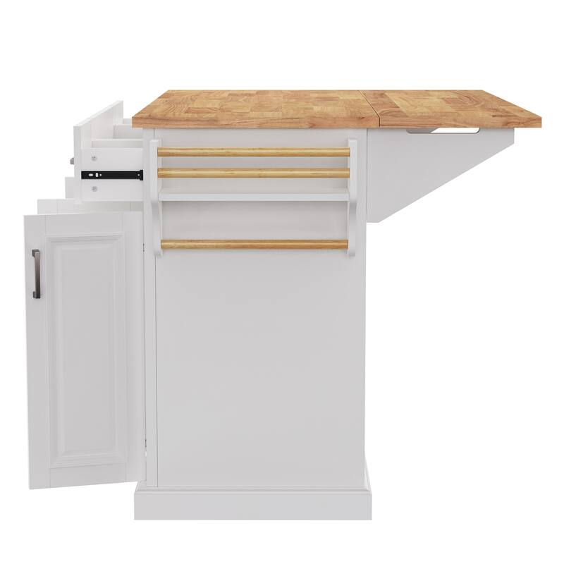 54inch Kitchen Island with Rubber Wood Drop Leaf, Embossed Texture Rolling Kitchen Cart on 4 Wheels with 4 Doors and 3 Drawers