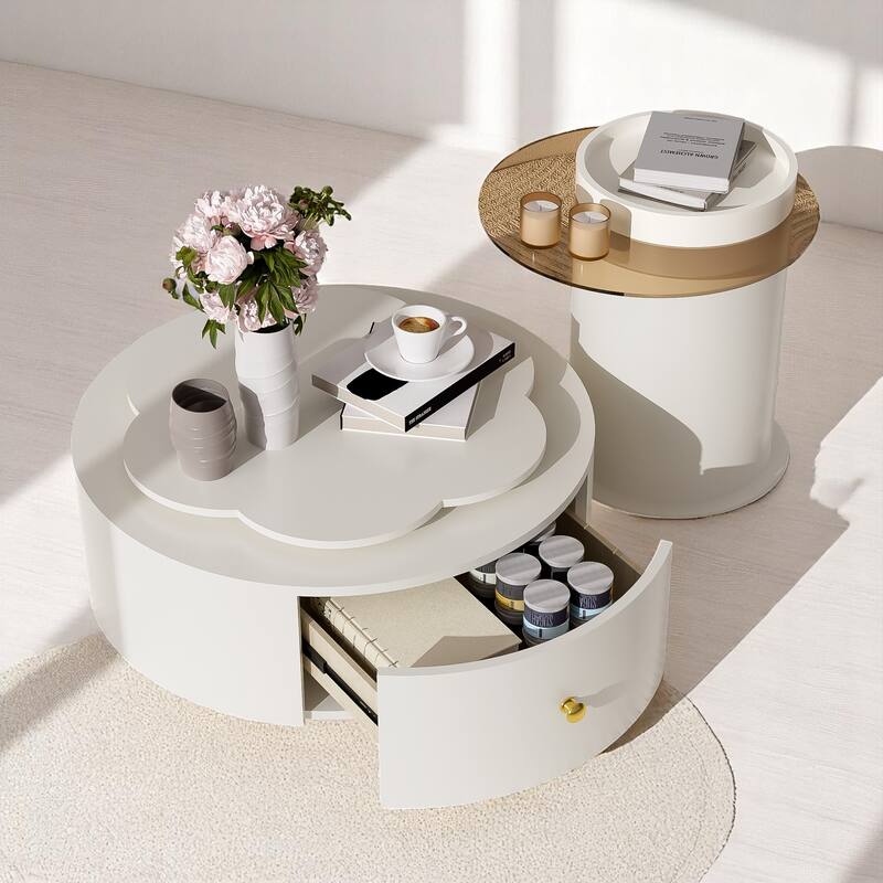 2-Piece Rotating Flower-Shaped Coffee Table Set, Drawers, and Top Circle Side Table End Table with Glass for Living Room - White - Glass