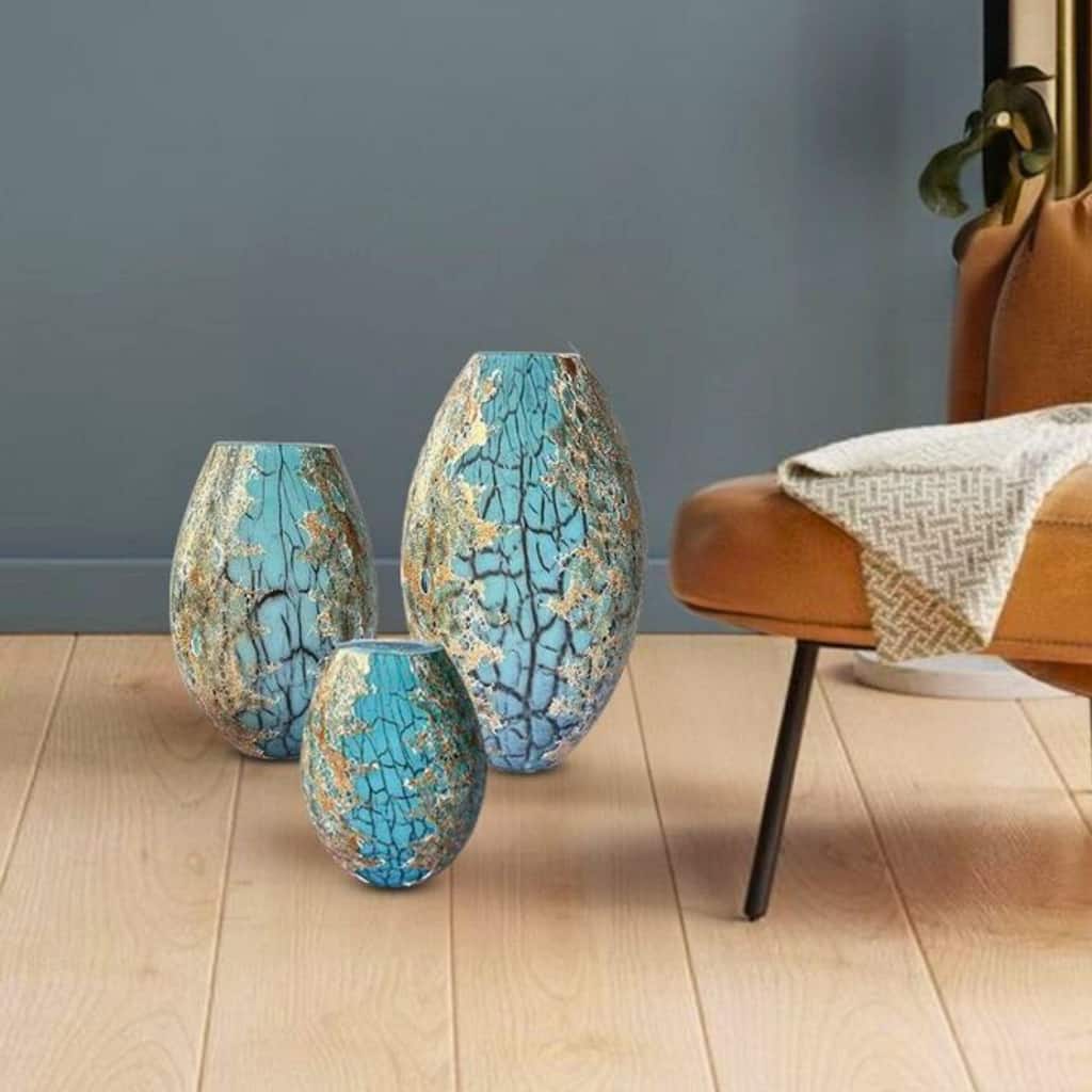Teal Handblown Glass Oval Vases Set of Three with Gold Detailing