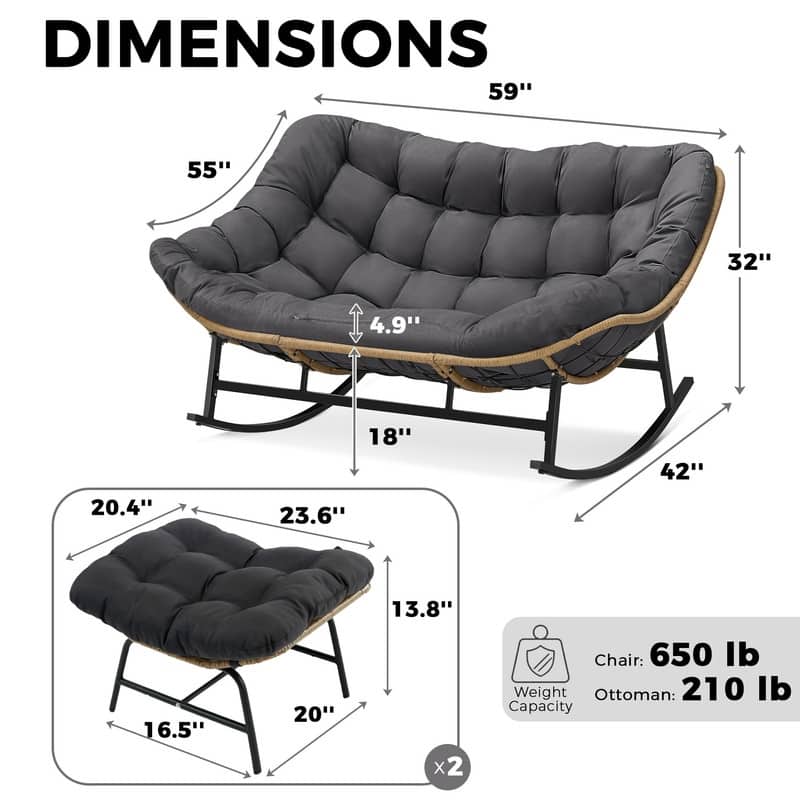 60" Double Papasan Rocking Chair for 2, 700-lb Capacity Wicker Egg Rocker with 5.1" Thick Cushion