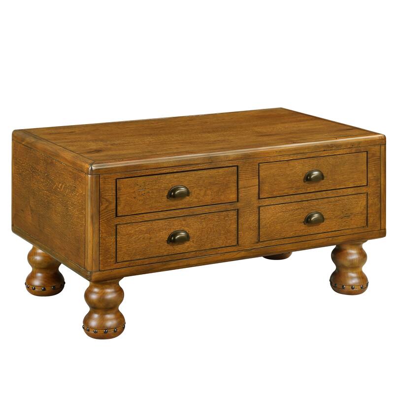 Antique Color Solid Wood Rectangle Coffee Table - Center Table with 4 Drawers