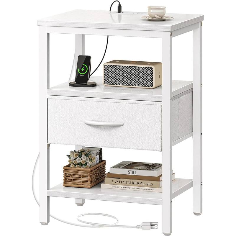 Nightstand Set of 2 Or 1 with Charging Station and USB Ports, Storage End Table with Fabric Drawer, Night Stand for Small Spaces - White - 1 Set