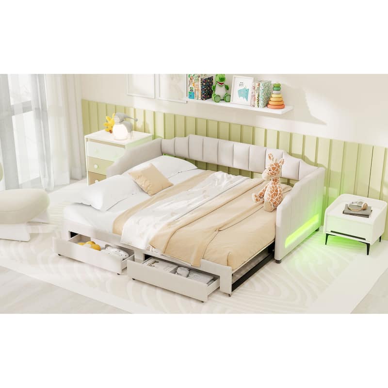 Extendable Twin XL to King Upholstered Daybed with Storage Drawers and LED Light, Beige